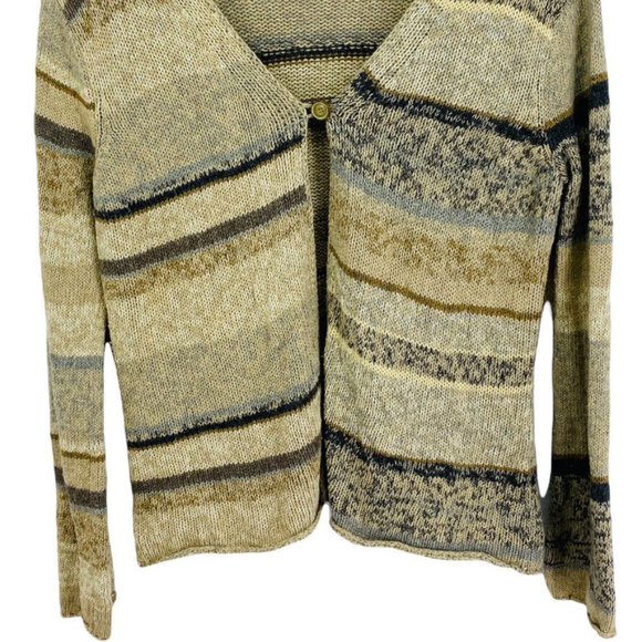 J Jill 1 Button Cardigan Sweater Medium Lambs Wool Blend Striped Neutral Colors - Picture 2 of 7